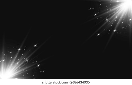 White laser beams isolated on black background. Abstract light effect. Blue lens flash. Horizontal rays glowing in the dark. Speed ​​vector illustration. Eps10