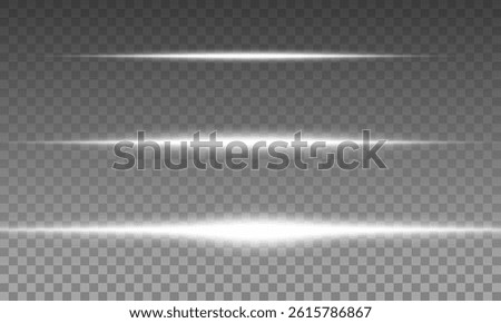White laser beams isolated on black background. Abstract light effect. Blue lens flash. Horizontal rays glowing in the dark. Speed ​​vector illustration. road.	
