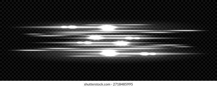 Rayos láser blancos y rayas de luz de neón con brillo brillante para la velocidad y el destello. Fondo negro con senderos brillantes para este elemento de diseño futurista. Flash cielo efecto de rayos rectos superposición png.