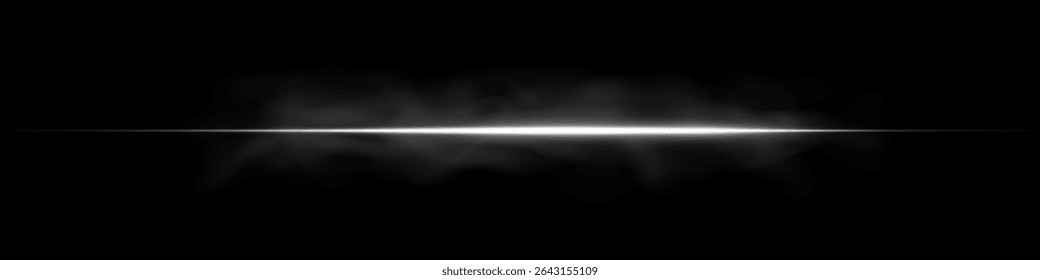 White laser light beam. Glowing flare and neon streak on black space bg. Horizontal abstract ray and sparkling trail blend with fog and smoke. Futuristic digital bright energy sparkle vector design.