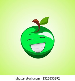 White laughing cartoon green apple symbol. Cute smiling apple icon isolated on green background. Vector illustration EPS 10
