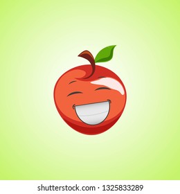 White laughing cartoon red apple symbol. Cute smiling apple icon isolated on green background. Vector illustration EPS 10