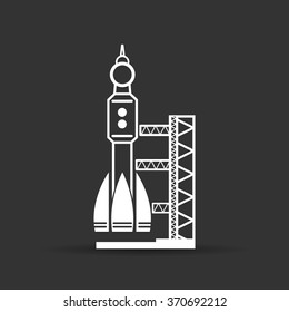 white launch site with rocket, spaceport icon on a black background, vector illustration