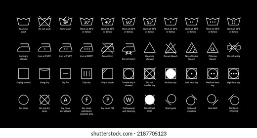 Símbolos de White Laundry con nombres editables sobre fondo negro. Vector