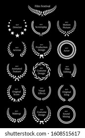 White laurel wreath with Film Awards design elements. Premium insignia, traditional victory symbol on black background. Triumph, win poster, banner layout with award ribbons. Frame, border template