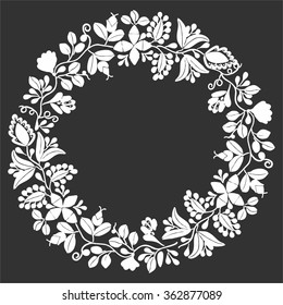 White laurel wreath floral vector frame on black background