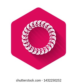 White Laurel wreath icon isolated with long shadow. Triumph symbol. Pink hexagon button. Vector Illustration