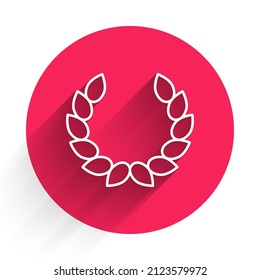 White Laurel wreath icon isolated with long shadow. Triumph symbol. Red circle button. Vector