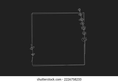 White Lavander frame line art on black background. White flowers outline. Wedding floral design