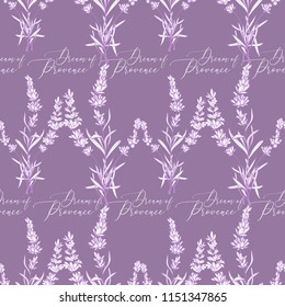 White lavender outline floral seamless with lavender grass and dream of Provence lettering. Vintage sketch. Botanical illustration on purple background. Vector pattern or card design.
