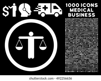 White Lawyer vector rounded icon. Image style is a flat icon symbol inside a circle, black background. Bonus set has 1000 healthcare business symbols.