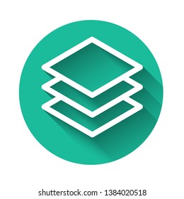 White Layers icon isolated with long shadow. Green circle button. Vector Illustration
