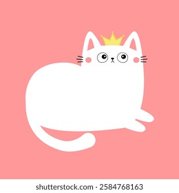 White laying cat. Cute face head. White kitten girl princess golden crown. Happy Valentines Day. Cartoon kitty character. Kawaii animal in love. Love Greeting card. Flat design. Pink background Vector