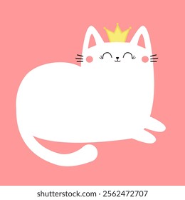 White laying cat girl. Cute face head. White kitten princess golden crown. Happy Valentines Day. Cartoon kitty character. Kawaii animal in love. Love Greeting card. Flat design. Pink background Vector