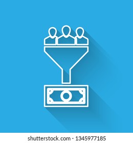 White Lead management icon isolated with long shadow. Funnel with people, money. Target client business concept. Vector Illustration