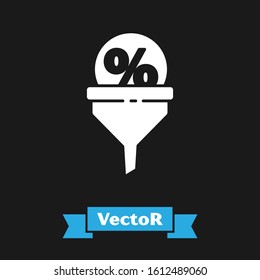 White Lead management icon isolated on black background. Funnel with discount percent. Target client business concept.  Vector Illustration