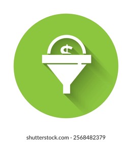 White Lead management icon isolated with long shadow. Funnel with money. Target client business concept. Green circle button. Vector