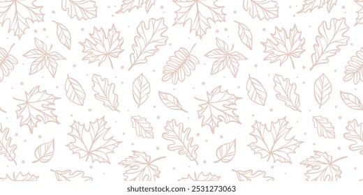 White leaf banner, autumn leaves neutral seamless repeat vector pattern background, horizontal design