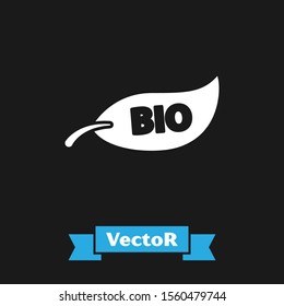 White Leaf Bio symbol icon isolated on black background. Banner, label, tag, logo, sticker for eco green.  Vector Illustration