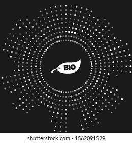 White Leaf Bio symbol icon isolated on grey background. Banner, label, tag, logo, sticker for eco green. Abstract circle random dots. Vector Illustration