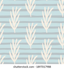 White leaf branches simple seamless pattern. Blue striped background. Hand drawn botanic backdrop. Perfect for fabric design, textile print, wrapping, cover. Vector illustration.