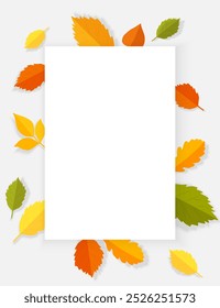 White leaf with colorful autumn leaves on a background. Vector card.