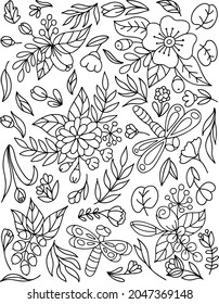 A white leaf filled with flowers, branches, leaves and herbs. Black and white vector illustration, coloring book.