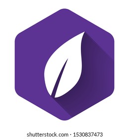 White Leaf icon isolated with long shadow. Purple hexagon button. Vector Illustration