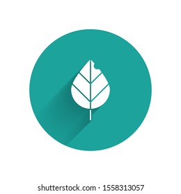 White Leaf icon isolated with long shadow. Fresh natural product symbol. Green circle button. Vector Illustration