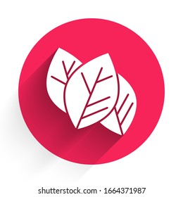 White Leaf icon isolated with long shadow. Leaves sign. Fresh natural product symbol. Red circle button. Vector Illustration