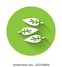 White Leaf icon isolated with long shadow. Leaves sign. Fresh natural product symbol. Green circle button. Vector