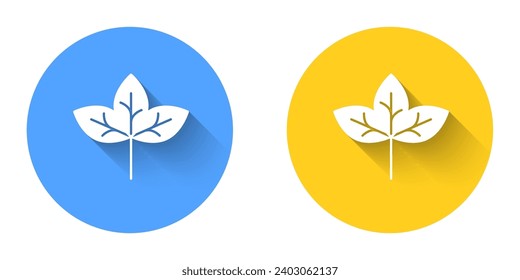 White Leaf icon isolated with long shadow background. Leaves sign. Fresh natural product symbol. Circle button. Vector