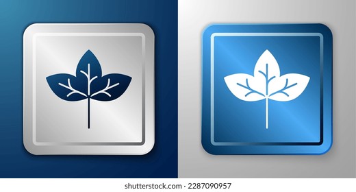 Weißes Leaf Symbol einzeln auf blauem und grauem Hintergrund. Bleischild. Symbol für frisches Naturprodukt. Silber und blauer Quadrat-Button. Vektorgrafik
