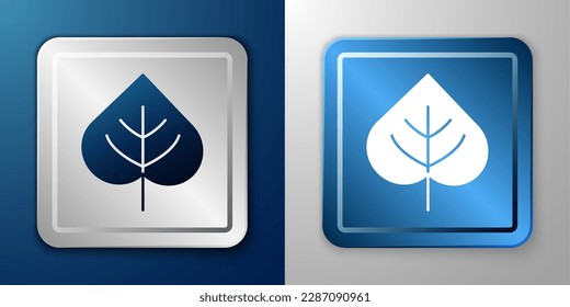 White Leaf icon isolated on blue and grey background. Leaves sign. Fresh natural product symbol. Silver and blue square button. Vector