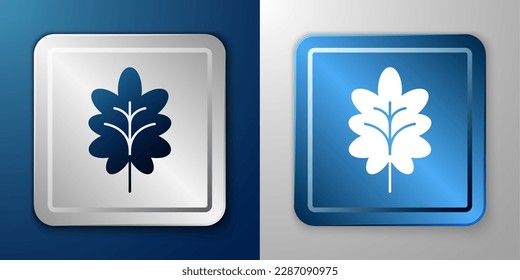 White Leaf icon isolated on blue and grey background. Leaves sign. Fresh natural product symbol. Silver and blue square button. Vector