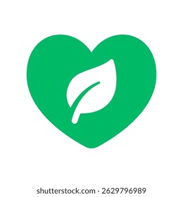 White leaf inside green heart, symbol of nature, eco love, and sustainability.