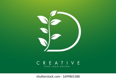 White Leaf Letter D Logo Design with Leaves on a Branch and Green Background. Letter D with nature concept. Eco and Organic Letter Vector Illustration. 