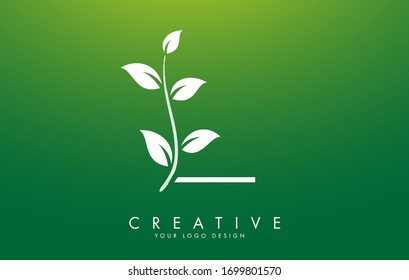 Diseño de logotipo de la letra blanca L con hojas en una rama y fondo verde. Carta L con concepto de naturaleza. Ilustración de vectores de letras ecológicas y orgánicas. 