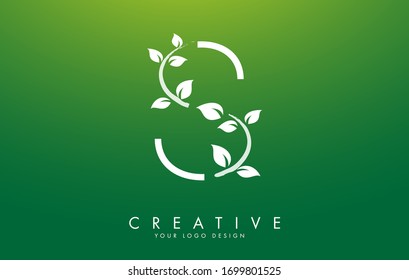 White Leaf Letter S Logo Design with Leaves on a Branch and Green Background. Letter S with nature concept. Eco and Organic Letter Vector Illustration. 