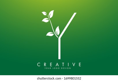 White Leaf Letter Y Logo Design with Leaves on a Branch and Green Background. Letter Y with nature concept. Eco and Organic Letter Vector Illustration. 