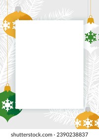 A white leaf on a blue background with christmas toys and spruce branch. Vector template for postcards.