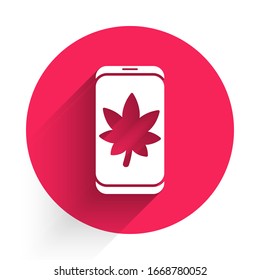 White Leaf on mobile phone screen icon isolated with long shadow. Red circle button. Vector Illustration