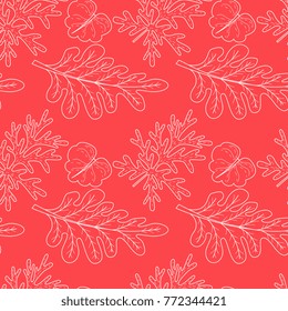 White leaf on red seamless pattern. Background, wrapper, textile, fabric.