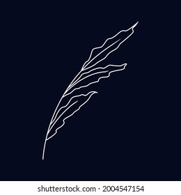 White leaf outline for the logo. Branch of a  plant isolated on a blue background. The sheet is hand-drawn, an element for design decoration, creative trend art pictures. Vector illustration.