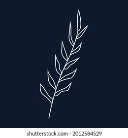 White leaf outline for the logo. Branch of a  plant isolated on a blue background. The sheet is hand-drawn, an element for design decoration, creative trend art pictures. Vector illustration.