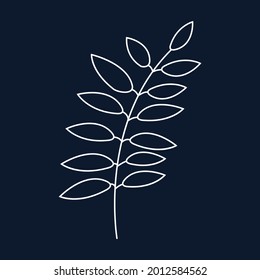 Esquema de la hoja blanca para el logo. Rama de una planta aislada en un fondo azul. La hoja es dibujada a mano, un elemento para la decoración de diseño, las imágenes de moda creativa. Ilustración vectorial.