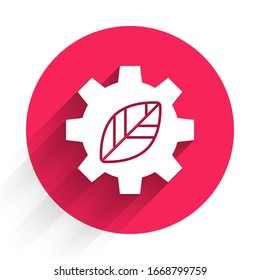 White Leaf plant ecology in gear machine icon isolated with long shadow. Eco friendly technology. World Environment day label. Red circle button. Vector Illustration