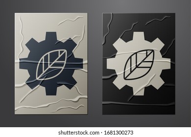 White Leaf plant ecology in gear machine icon isolated on crumpled paper background. Eco friendly technology. World Environment day label. Paper art style. Vector Illustration