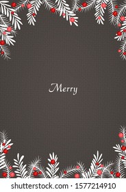 White leaf and red berry on grey color background vector decoration for Christmas holiday and winter season.
