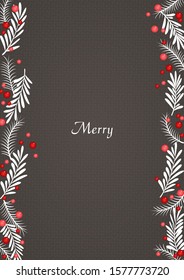 White leaf and red berry on grey color background vector decoration for Christmas holiday and winter season.